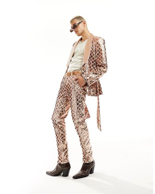 Asos Design skinny suit pants in diamond sequin champagne-