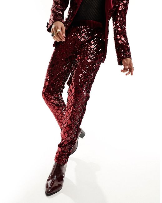 Asos Design skinny suit pants in diamond sequin burgundy-