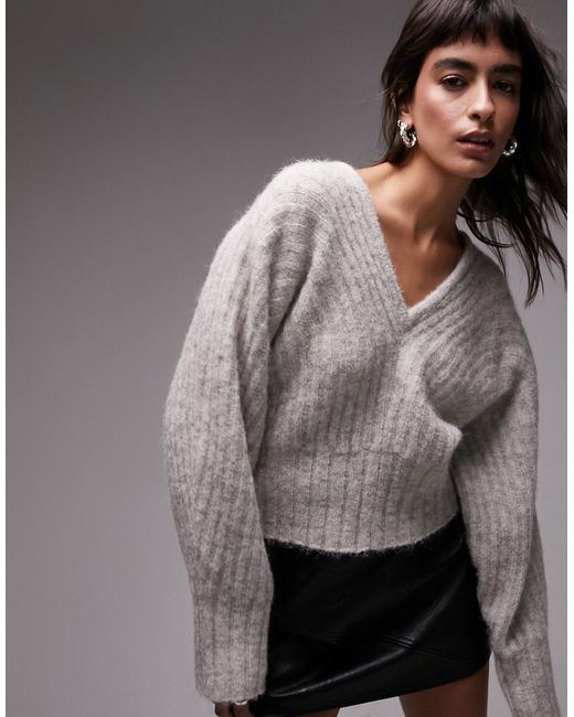 TopShop knitted ovoid sleeve rib sweater in oat-