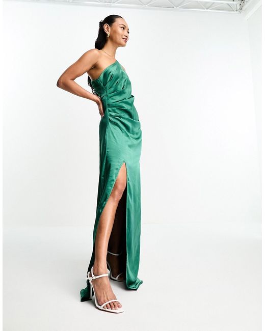 Pretty Lavish ruched one shoulder satin maxi dress in emerald