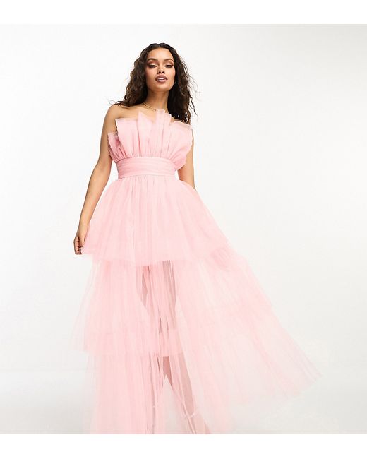 Lace & Beads Petite bandeau tulle high low maxi dress in blush-