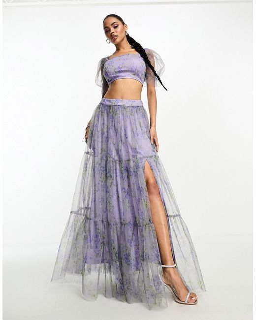 Lace and Beads organza maxi skirt in lilac floral part of a set-
