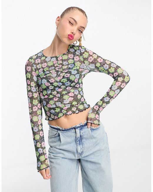 Monki long sleeve mesh top with gather front in flower print