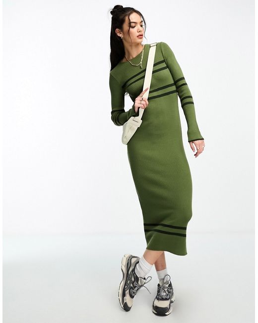 Asos Design knitted maxi dress with sporty stripe in khaki-
