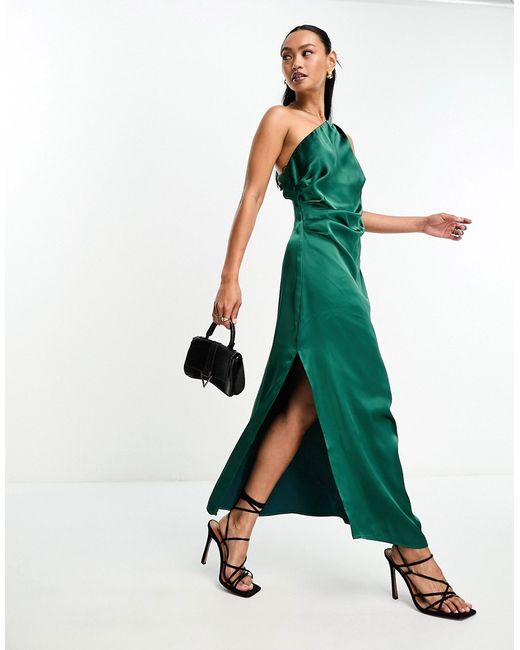 Pretty Lavish asymmetric ruched satin midaxi dress in emerald-