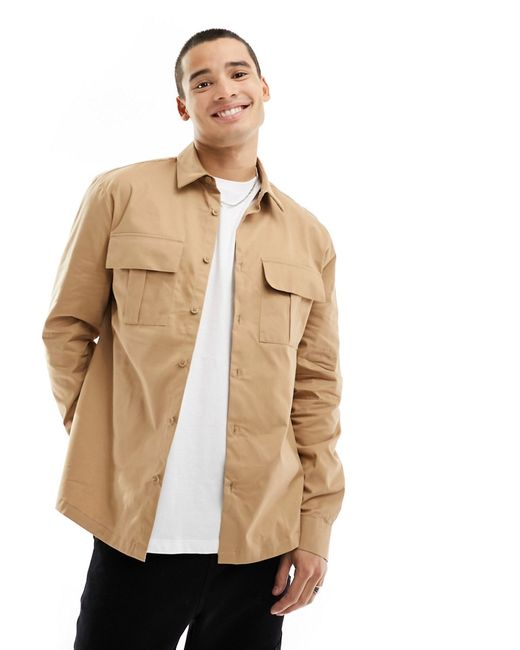 River Island double pocket utility shirt in light stone-