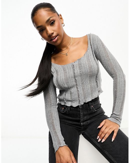 Pull & Bear exposed seam long sleeve ribbed top in charcoal