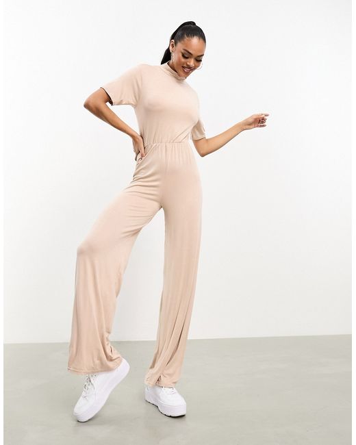 I Saw It First high neck open back jumpsuit in sand-