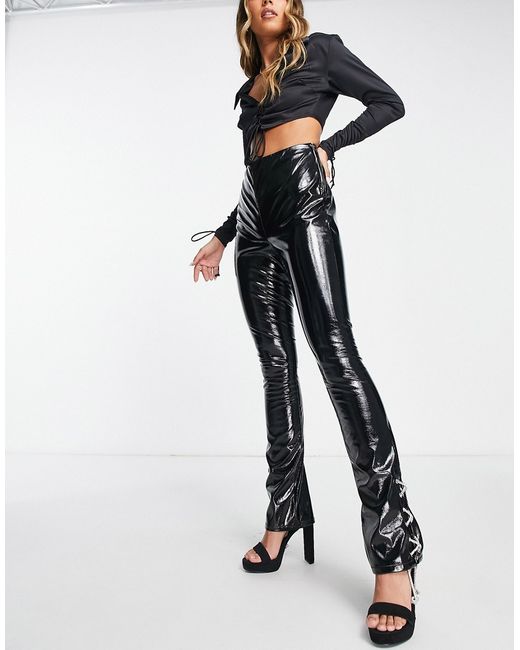 Asos Design high shine vinyl pants with diamante side lace up flare in black-