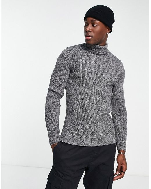 New Look ribbed muscle fit roll neck sweater in dark
