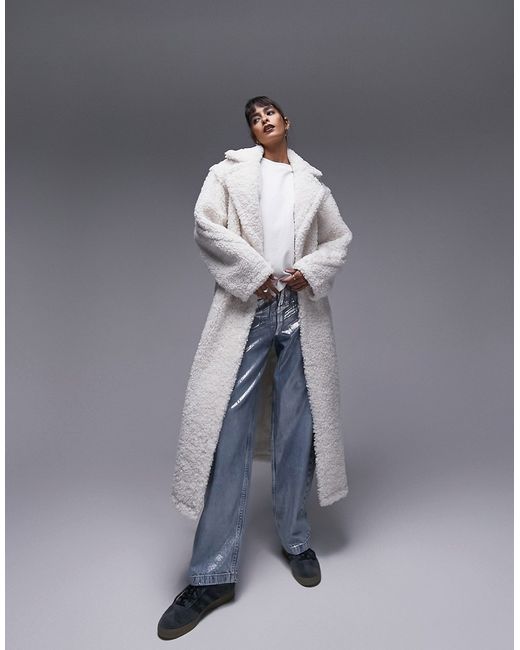 TopShop fluffy long-line borg coat in off-white-