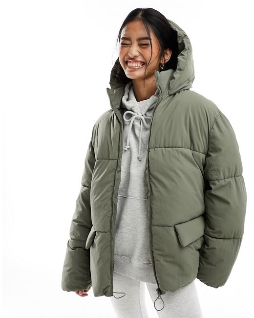 Asos Design mid length padded coat with hood in olive-