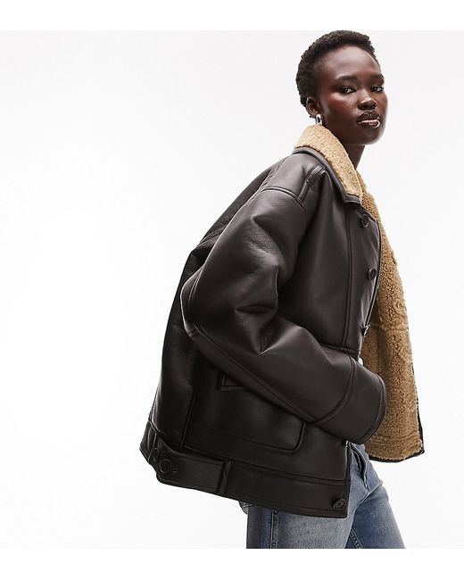 Topshop Tall faux leather shearling oversized car coat with borg lining in