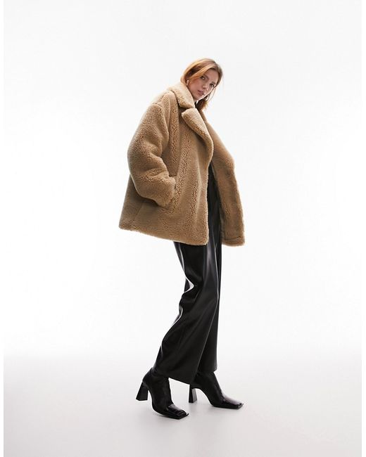 TopShop mid-length borg coat in camel-