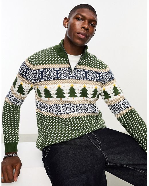 Asos Design knit 1/4 zip Christmas sweater in fairisle pattern