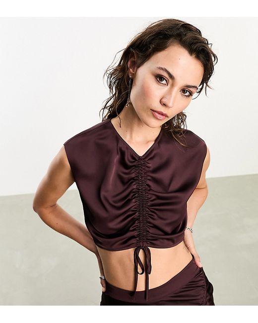 AllSaints x exclusive Carla ruched satin top in deep burgundy part of a set-