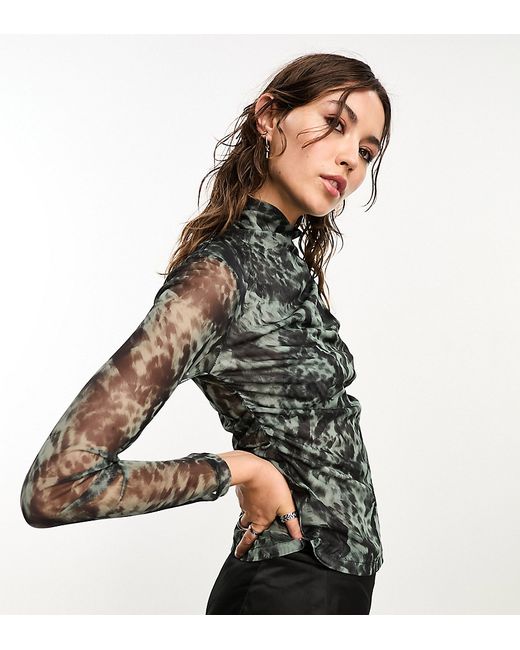 AllSaints x exclusive Tia mesh long sleeve turtle neck top in black/sage-