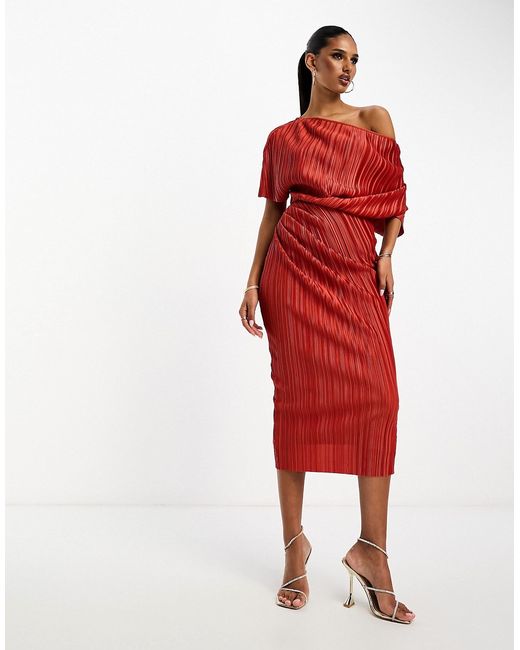 Asos Design plisse fallen shoulder midi dress in rust-