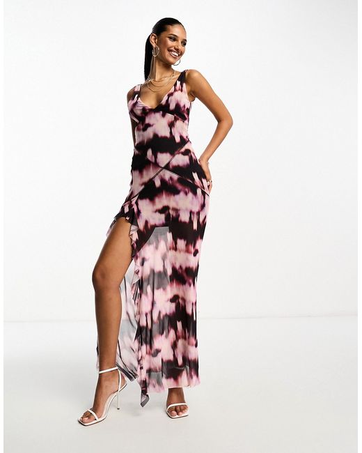 Asos Design v neck maxi dress with ruffle split hem in pink smudge print-