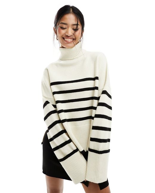 Bershka roll neck sweater in ecru black stripe-