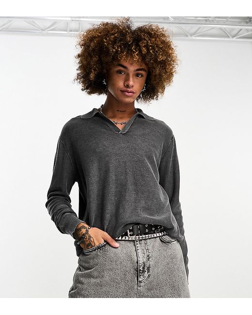 Collusion distressed knitted polo sweater in washed