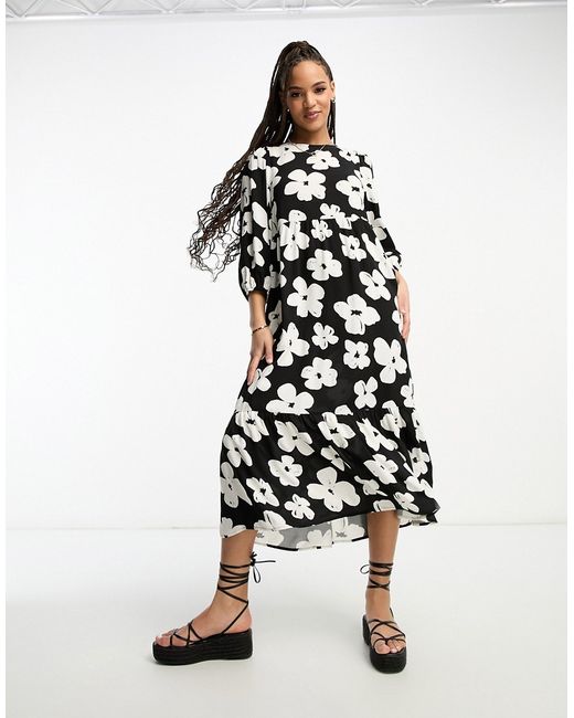 New Look high neck puff sleeve smock midi dress in floral