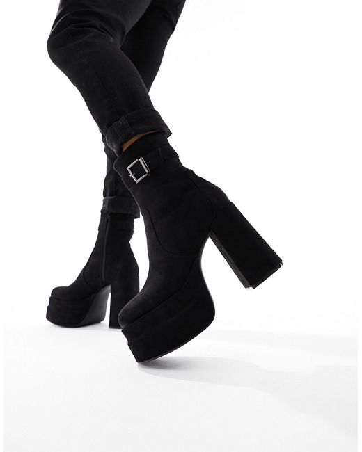 Asos Design platform heeled boots in faux suede with buckle detail