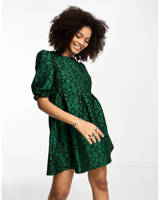 Glamorous open back bow detail puff sleeve mini dress in floral green jacquard-