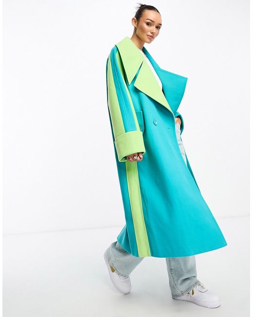 Annorlunda oversized collar contrast panel coat in blue and lime-