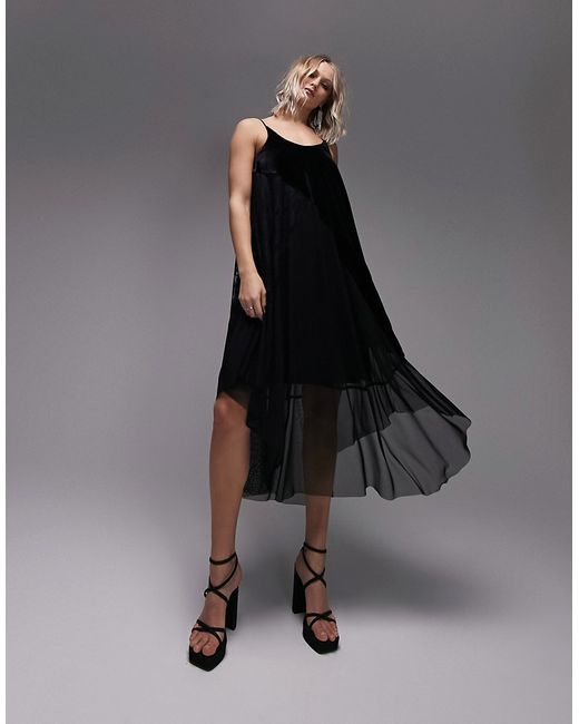 TopShop mix and match lace velvet strappy belted midi dress in