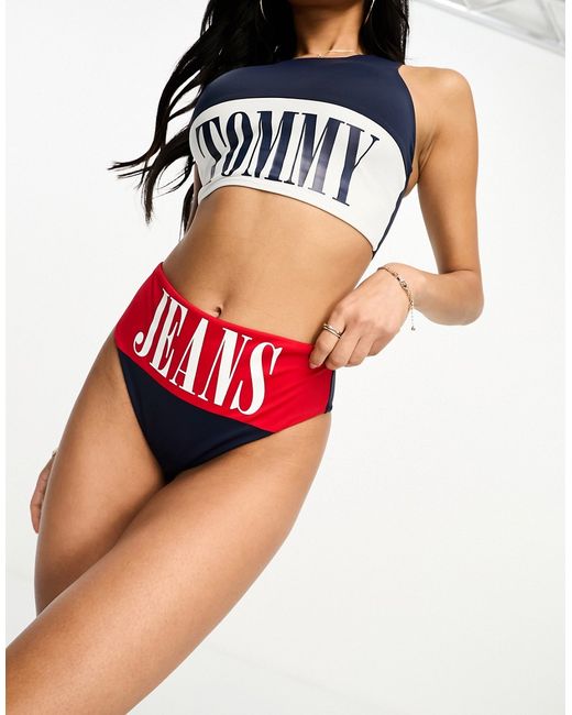 Tommy Hilfiger Tommy Jeans archive high waist cheeky bikini bottom in navy and red-