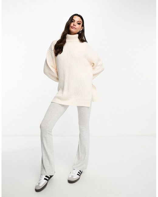 Miss Selfridge roll neck longline side split knit oversized sweater in cream-
