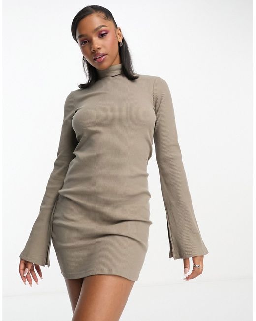 Monki ribbed turtle neck mini dress with long split sleeves in taupe-