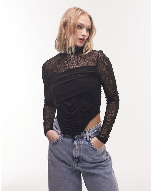 TopShop lace wrap front corset long sleeve top in