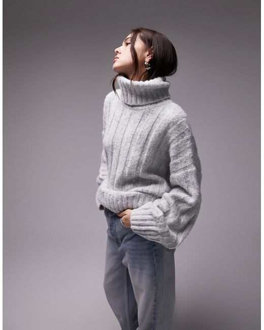 TopShop knitted roll neck wide rib sweater in