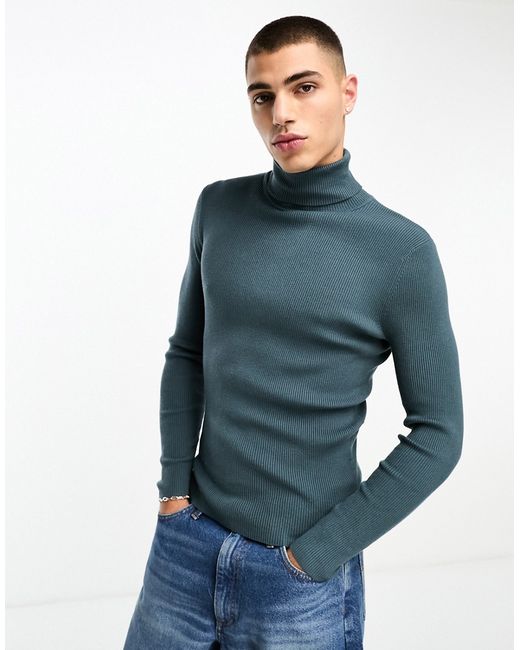 Collusion knit roll neck sweater in dark teal-
