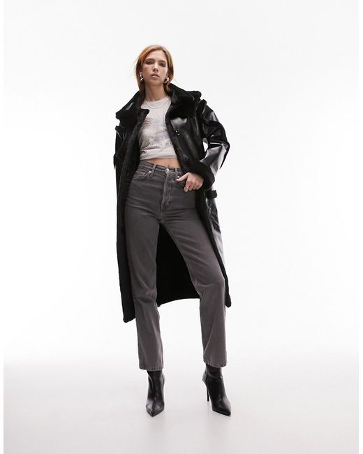 TopShop long-line borg aviator coat with patch pockets in