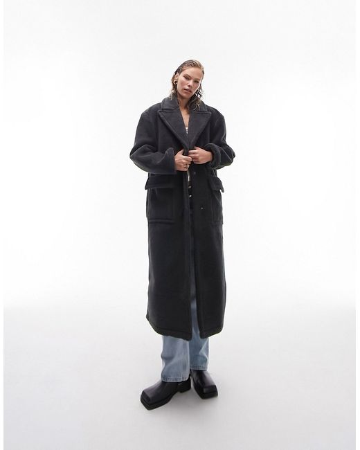 TopShop long borg overcoat in charcoal-