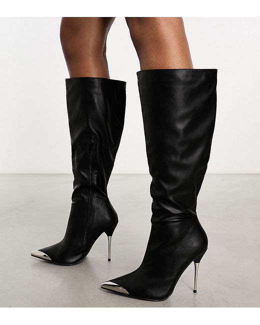 Public Desire Wide Fit metal detail heeled knee boots in PU