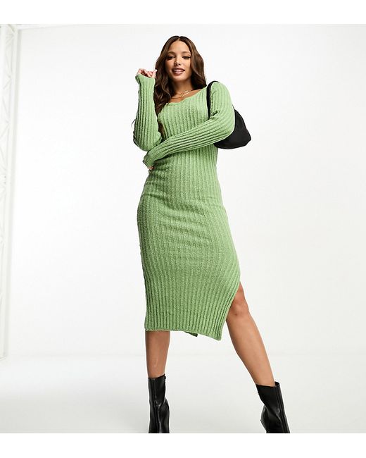 ASOS Tall DESIGN Tall square neck knitted midi dress in textured yarn khaki-