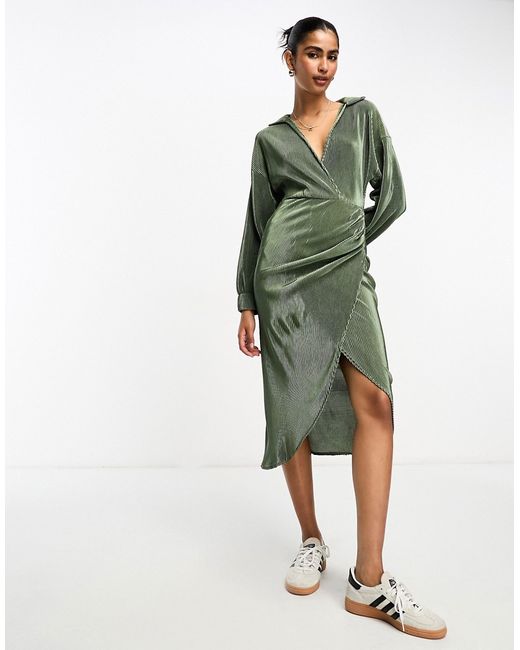 Asos Design plisse wrap collared midi dress in khaki-