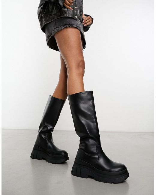 Bershka cleated sole chunky calf length boots in