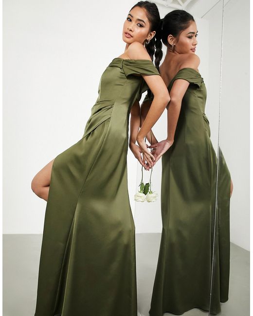 Asos Design satin bardot drape wrap maxi dress in olive-