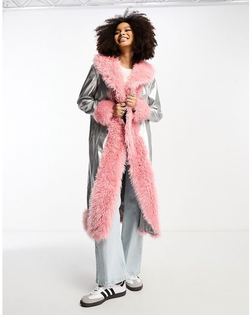 Annorlunda metallic faux shearling edged coat in silver and pink-