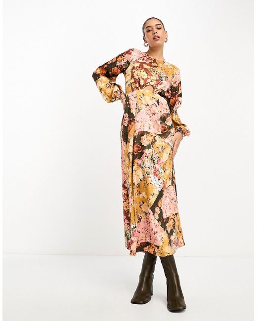 River Island long sleeve floral patchwork dress with cut out detail in