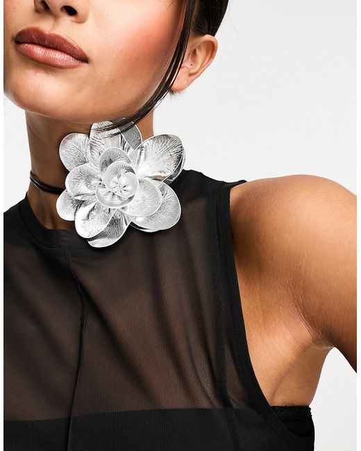 Asos Design choker necklace with metallic silver corsage detail-