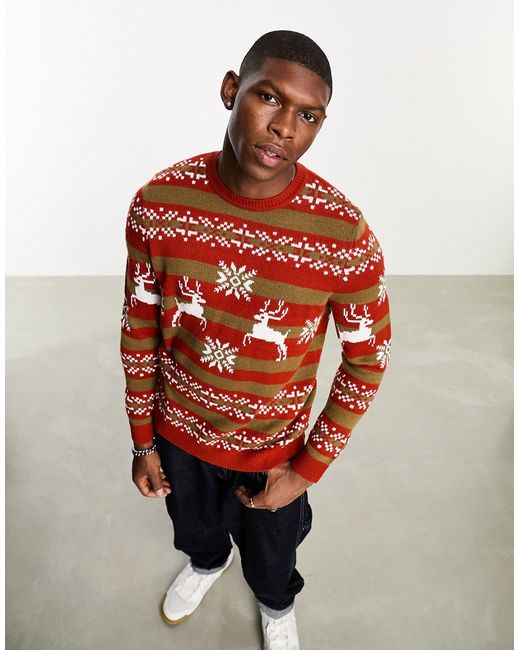 Asos Design knitted Christmas sweater with orange fairisle stag pattern-