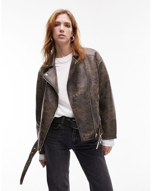 TopShop faux leather washed look easy oversized biker jacket in