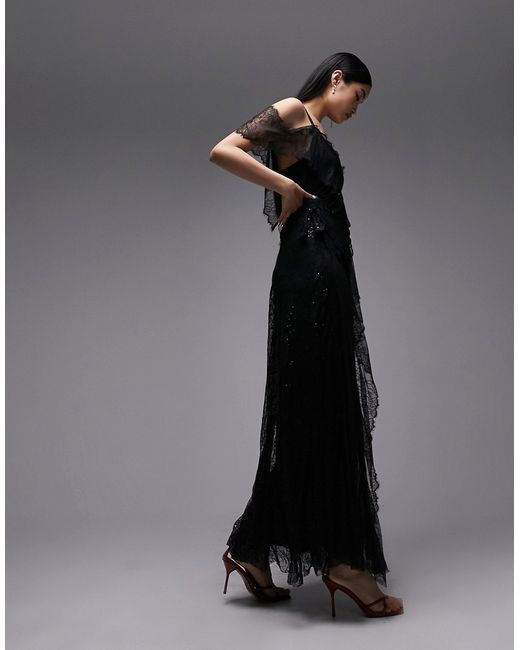 TopShop one sleeve lace embellished maxi dress in