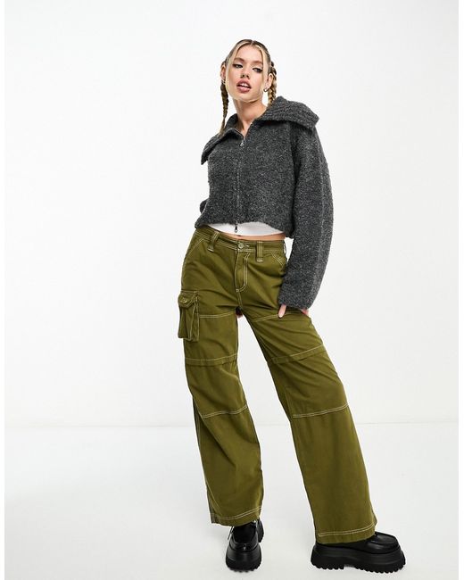 Asos Design zip through cardigan with collar in textured yarn charcoal-